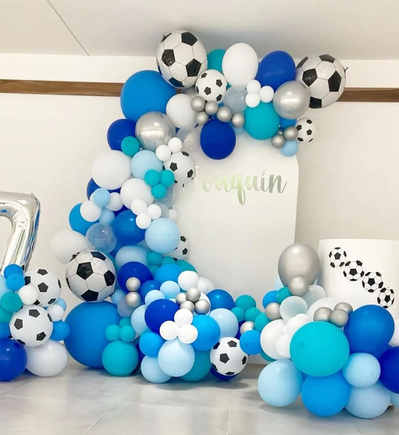 Soccer Balloon Arch Kit with 4D Football Foil Balloons, Royal Blue, White, Metallic Silver Latex Balloons for Baby Shower, Birthday, Soccer, Football Party Decorations