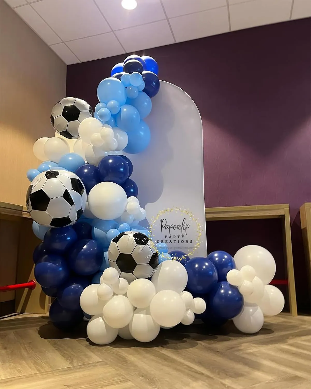 Soccer Balloon Arch Kit with 4D Football Foil Balloons, Royal Blue, White, Metallic Silver Latex Balloons for Baby Shower, Birthday, Soccer, Football Party Decorations