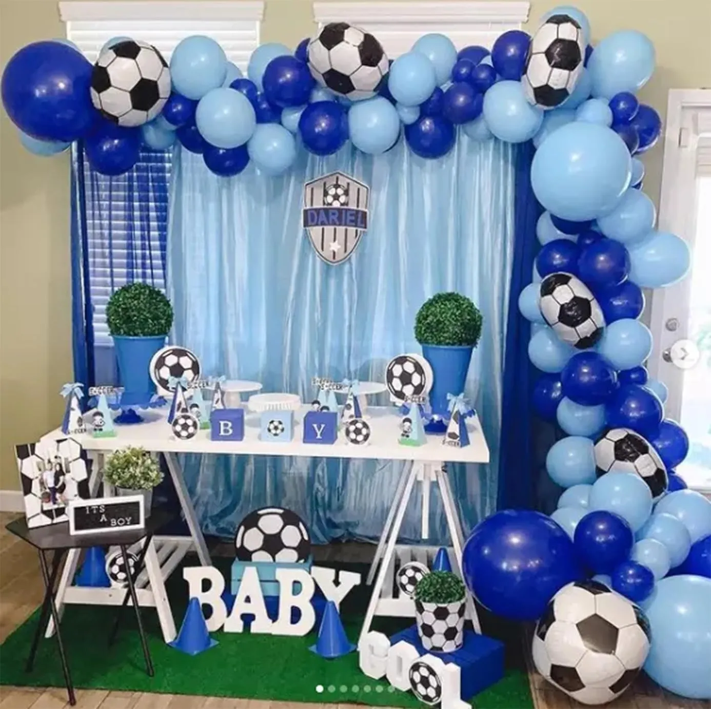 Soccer Balloon Arch Kit with 4D Football Foil Balloons, Royal Blue, White, Metallic Silver Latex Balloons for Baby Shower, Birthday, Soccer, Football Party Decorations