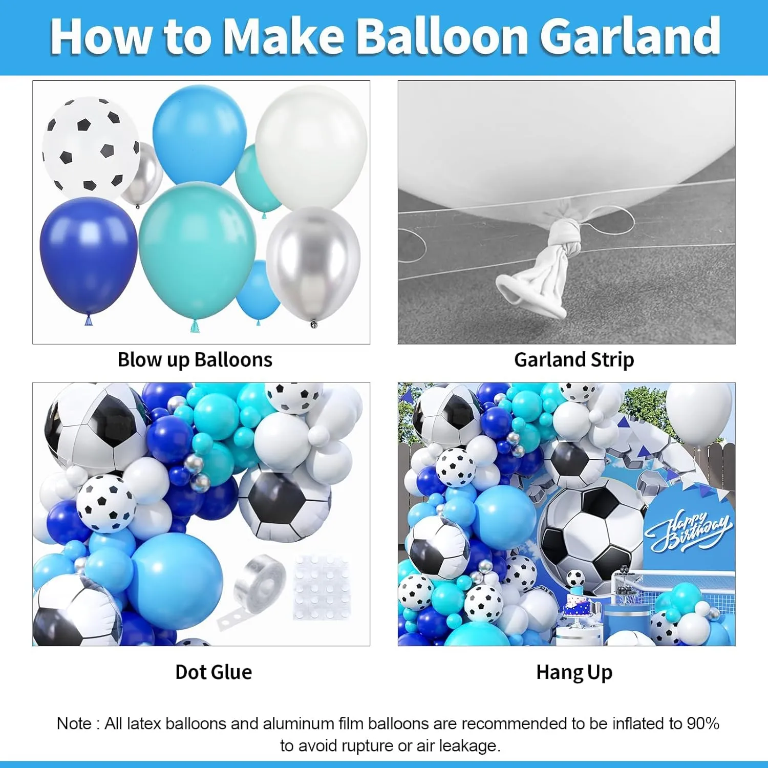 Soccer Balloon Arch Kit with 4D Football Foil Balloons, Royal Blue, White, Metallic Silver Latex Balloons for Baby Shower, Birthday, Soccer, Football Party Decorations