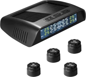 Solar Powered TPMS Tire Pressure Monitoring System - No USB Cable Needed, TPMS for RV and Trailer, 4 Sensors, Real-Time Pressure and Temperature Monitoring