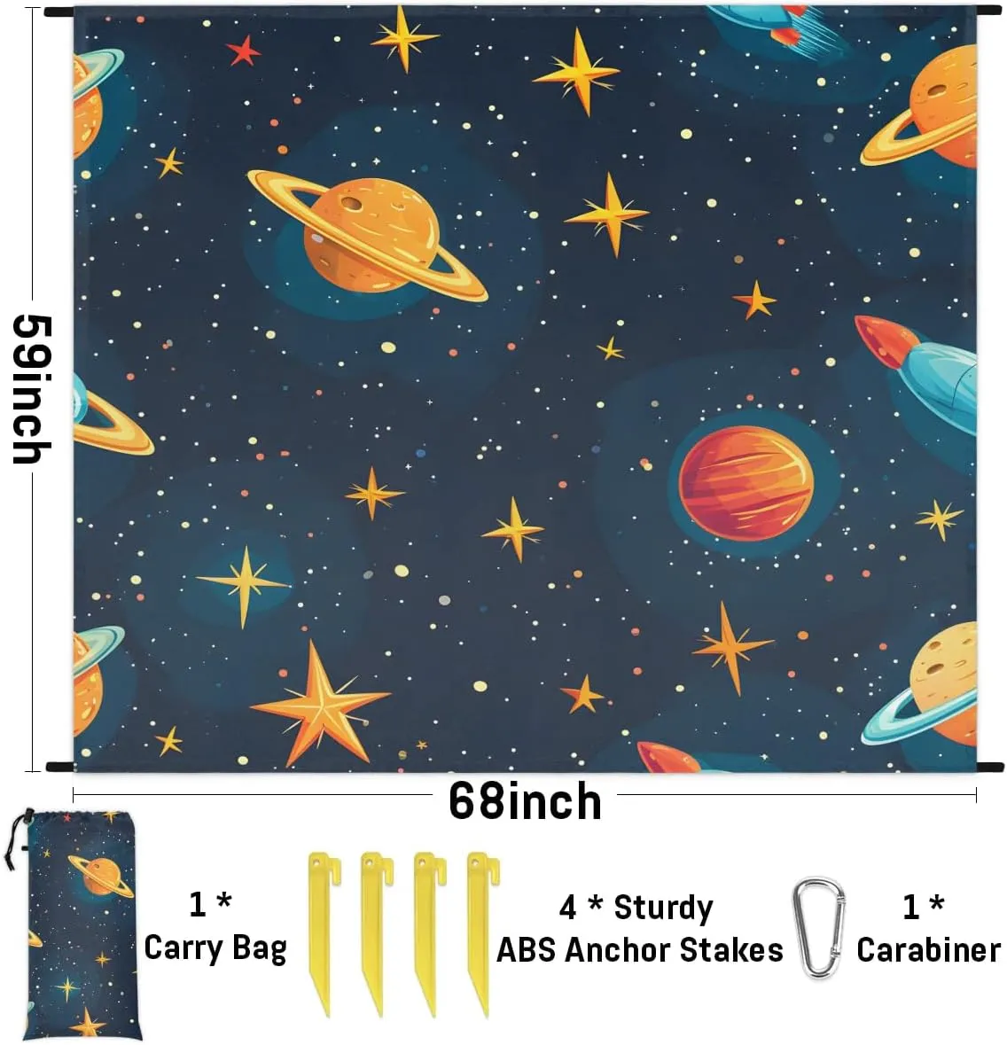 Solar System Planet Beach Blanket, Sandproof Beach Mat, 68 x 59 Waterproof Quick Drying Sand Free Mat with 4 x Ground Spikes for Outdoor Travel Camping Hiking, Outer Space