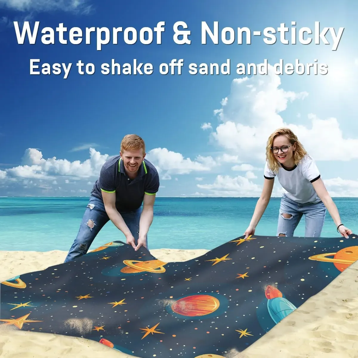Solar System Planet Beach Blanket, Sandproof Beach Mat, 68 x 59 Waterproof Quick Drying Sand Free Mat with 4 x Ground Spikes for Outdoor Travel Camping Hiking, Outer Space