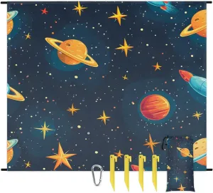 Solar System Planet Beach Blanket, Sandproof Beach Mat, 68 x 59 Waterproof Quick Drying Sand Free Mat with 4 x Ground Spikes for Outdoor Travel Camping Hiking, Outer Space