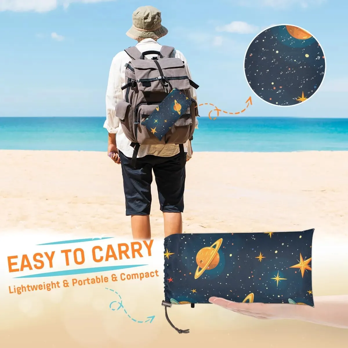 Solar System Planet Beach Blanket, Sandproof Beach Mat, 68 x 59 Waterproof Quick Drying Sand Free Mat with 4 x Ground Spikes for Outdoor Travel Camping Hiking, Outer Space