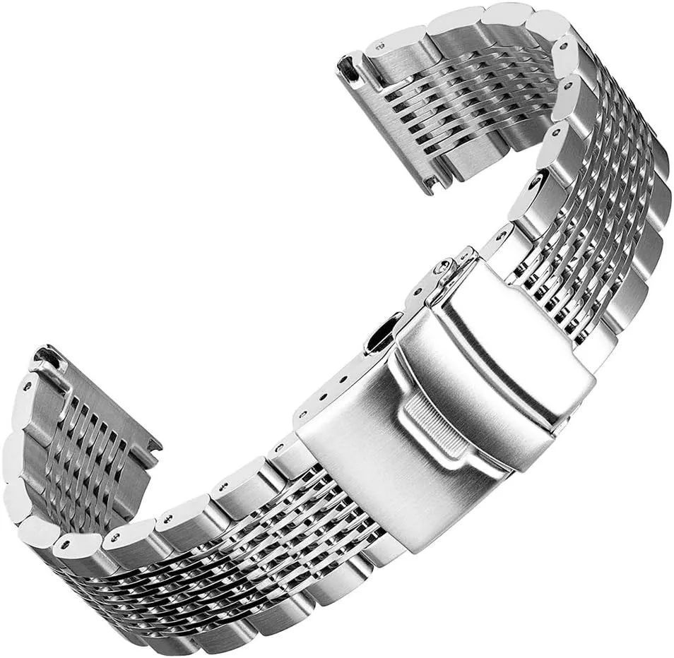 Solid Stainless Steel Mesh Watch Band for Men Women Brushed Middle Polished Metal Watch Strap Bracelet Deployment Clasp 20mm 22mm 24mm Black Silver Blue Gold Rose Gold