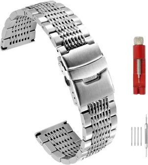 Solid Stainless Steel Mesh Watch Band for Men Women Brushed Middle Polished Metal Watch Strap Bracelet Deployment Clasp 20mm 22mm 24mm Black Silver Blue Gold Rose Gold
