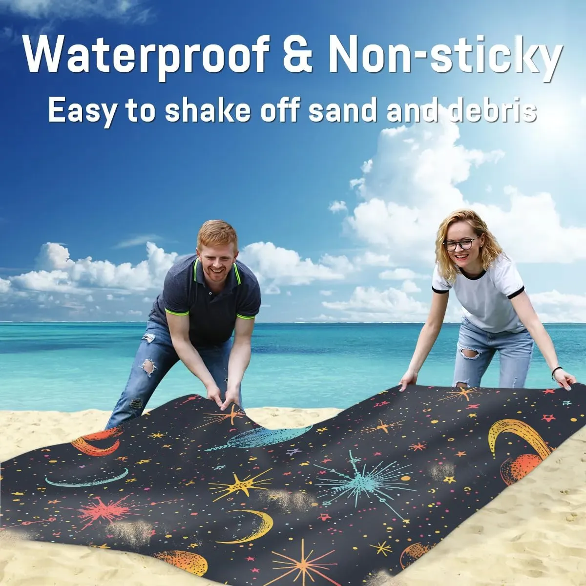 Space Rocket Beach Blanket, Sandproof Beach Mat, 68 x 59 Waterproof Quick Drying Sand Free Mat with 4 x Ground Spikes for Outdoor Travel Camping Hiking, Space Theme