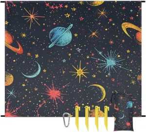 Space Rocket Beach Blanket, Sandproof Beach Mat, 68 x 59 Waterproof Quick Drying Sand Free Mat with 4 x Ground Spikes for Outdoor Travel Camping Hiking, Space Theme