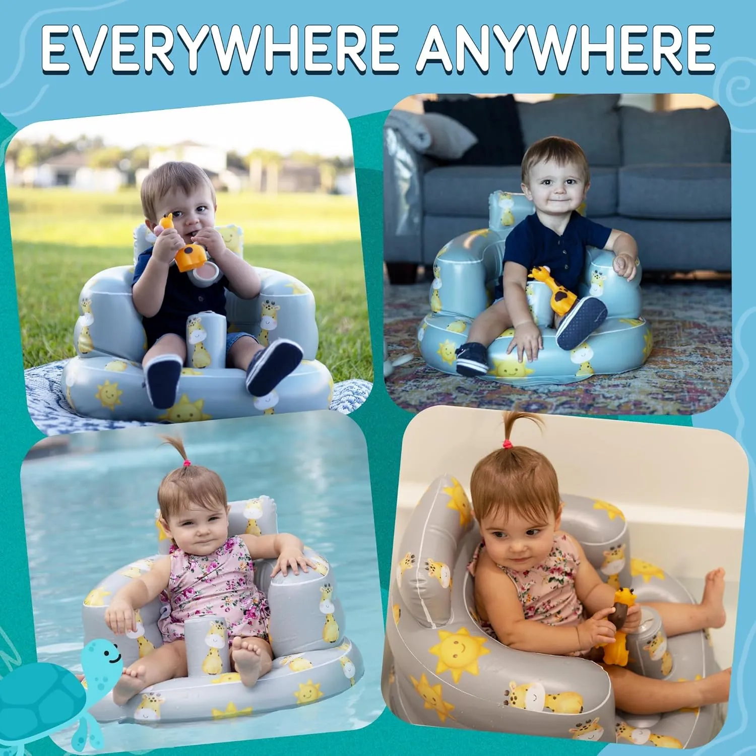 SplashEZ Inflatable Baby Seat - Sit-Up Chair for Kids 3 Months to 3 Years, Blow-Up Baby Seat with Air Pump for Home, Inflatable Sit Me Up Chair for Infant Back Support, Floor & Travel, Polka Dots Grey