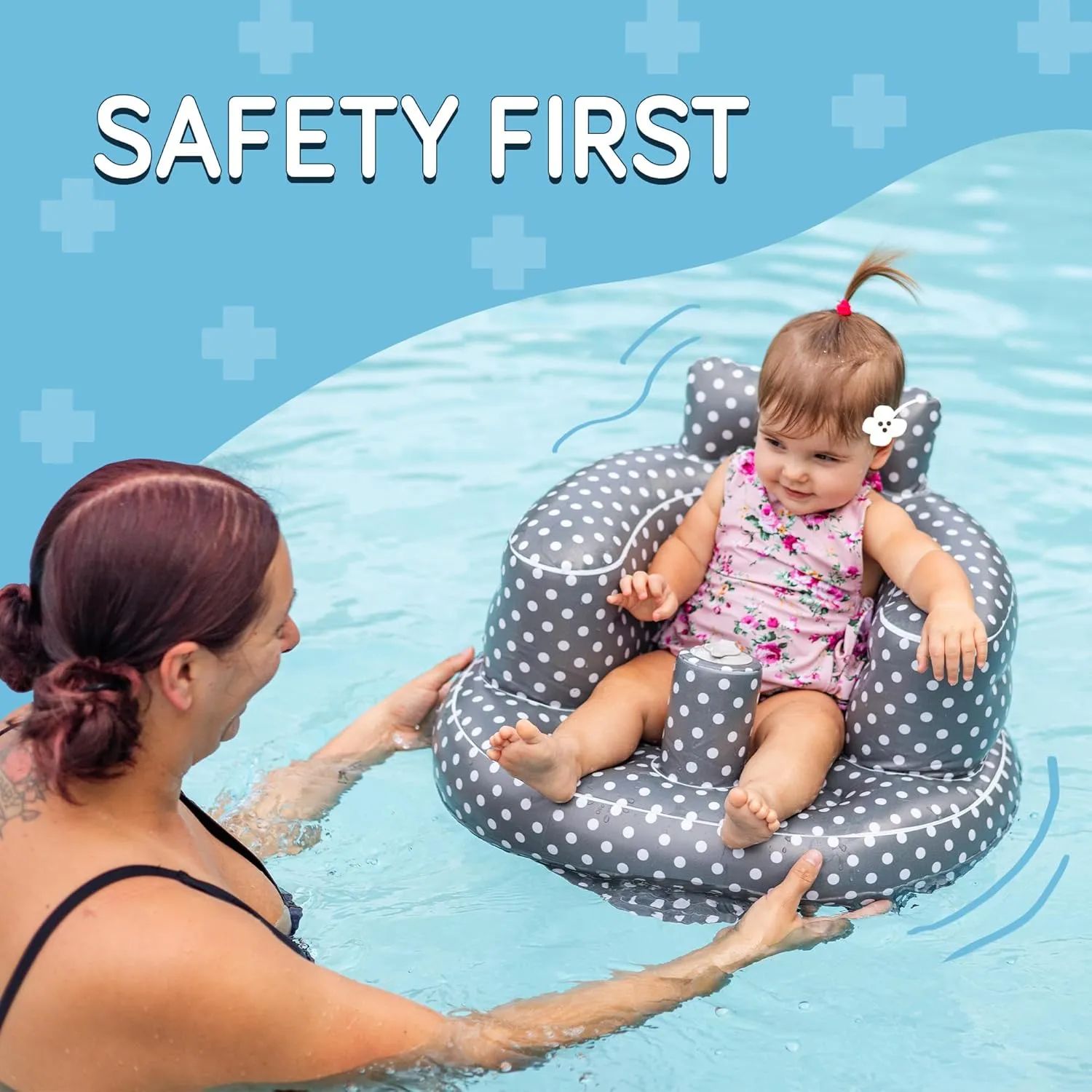 SplashEZ Inflatable Baby Seat - Sit-Up Chair for Kids 3 Months to 3 Years, Blow-Up Baby Seat with Air Pump for Home, Inflatable Sit Me Up Chair for Infant Back Support, Floor & Travel, Polka Dots Grey