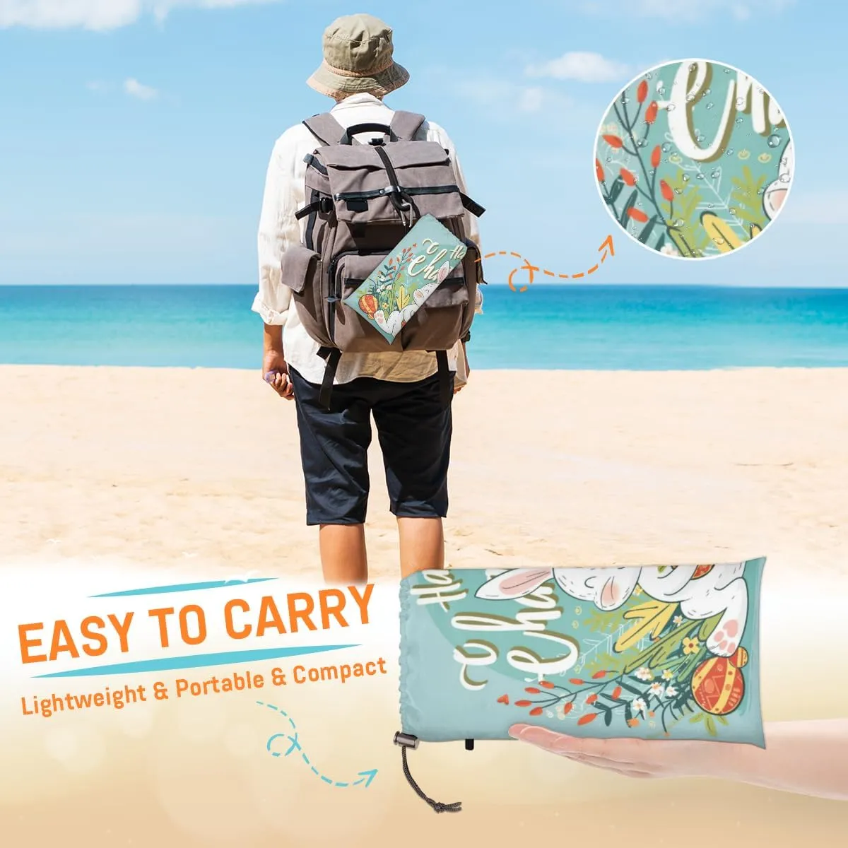Spring Beach Blanket, Sandproof Beach Mat, Adults Waterproof Quick Drying Sand Free Mat with 4 x Ground Spikes for Outdoor Travel Camping Hiking, Easter Rabbits