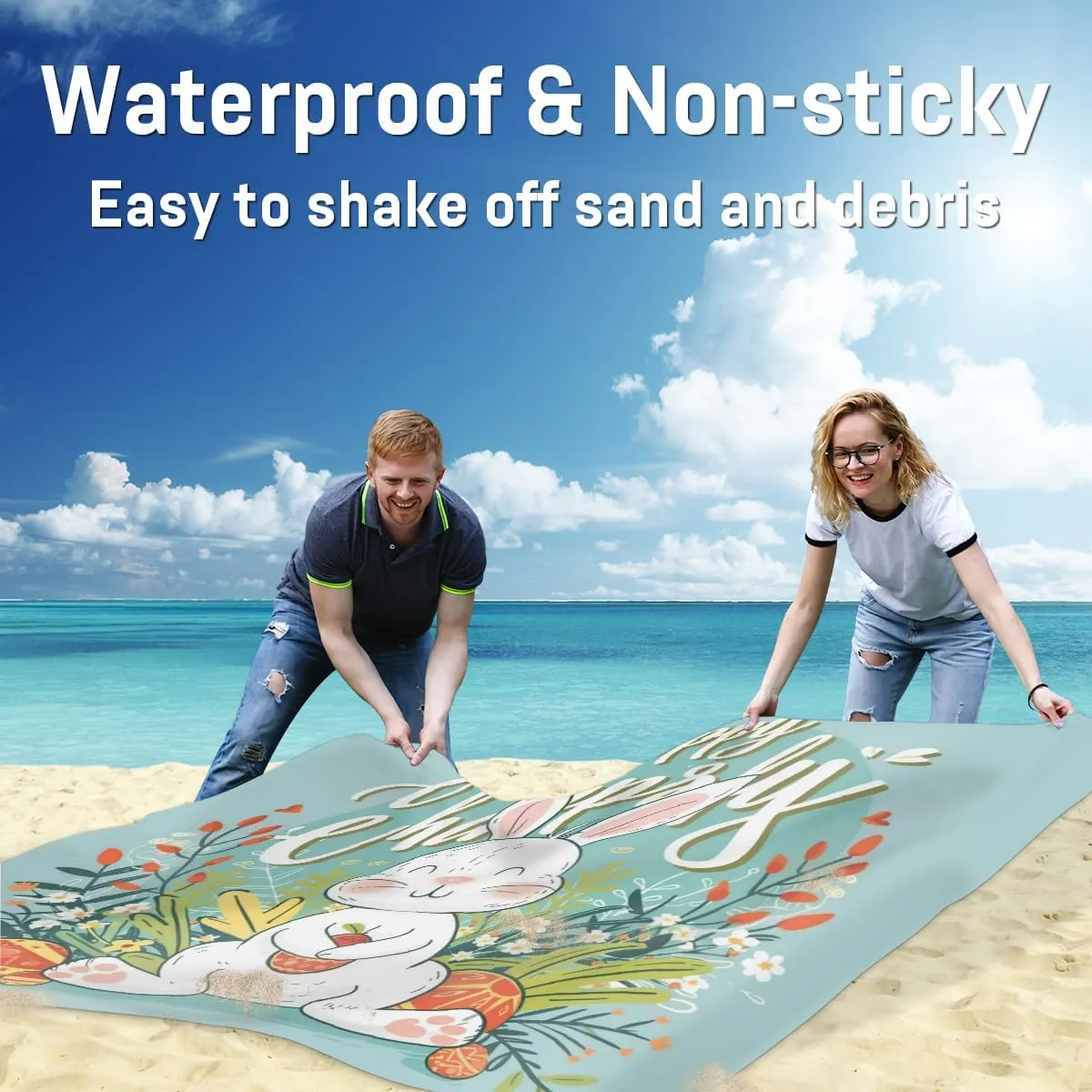 Spring Beach Blanket, Sandproof Beach Mat, Adults Waterproof Quick Drying Sand Free Mat with 4 x Ground Spikes for Outdoor Travel Camping Hiking, Easter Rabbits