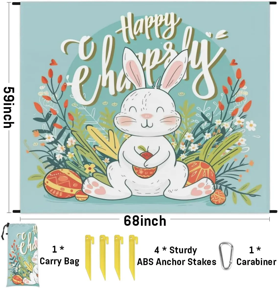 Spring Beach Blanket, Sandproof Beach Mat, Adults Waterproof Quick Drying Sand Free Mat with 4 x Ground Spikes for Outdoor Travel Camping Hiking, Easter Rabbits