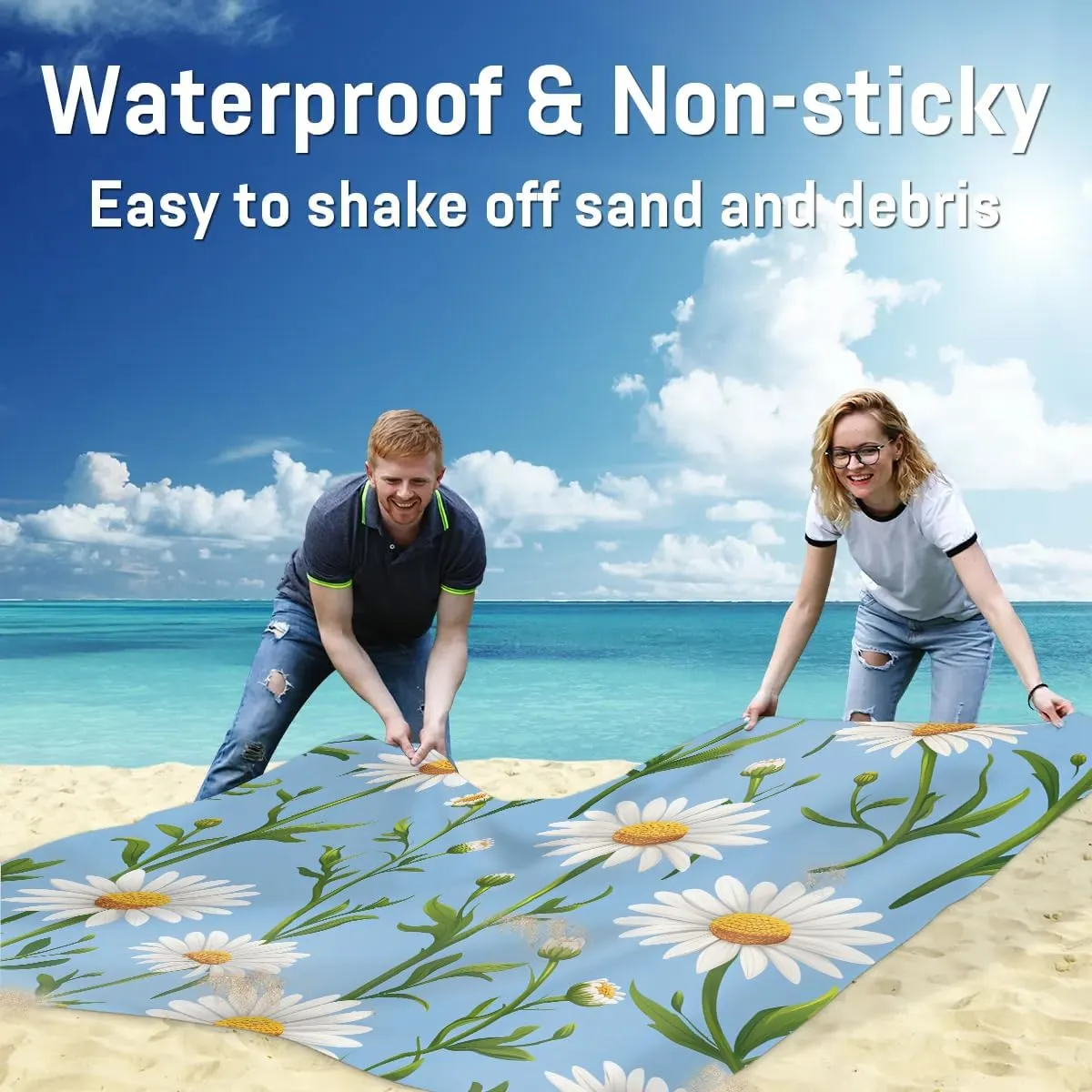 Spring Summer Beach Blanket, Sandproof Beach Mat, 68 x 59 Waterproof Quick Drying Sand Free Mat with 4 x Ground Spikes for Outdoor Travel Camping Hiking, Daisy Flowers Spring