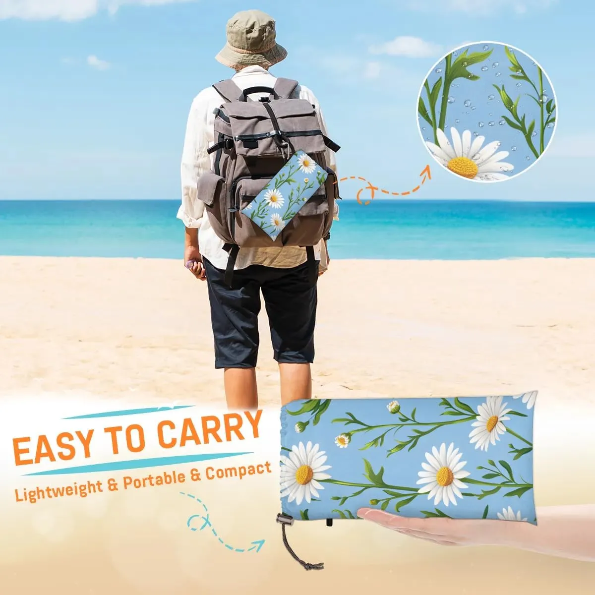 Spring Summer Beach Blanket, Sandproof Beach Mat, 68 x 59 Waterproof Quick Drying Sand Free Mat with 4 x Ground Spikes for Outdoor Travel Camping Hiking, Daisy Flowers Spring
