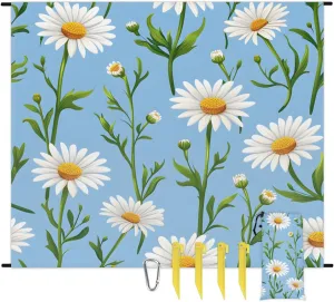 Spring Summer Beach Blanket, Sandproof Beach Mat, 68 x 59 Waterproof Quick Drying Sand Free Mat with 4 x Ground Spikes for Outdoor Travel Camping Hiking, Daisy Flowers Spring