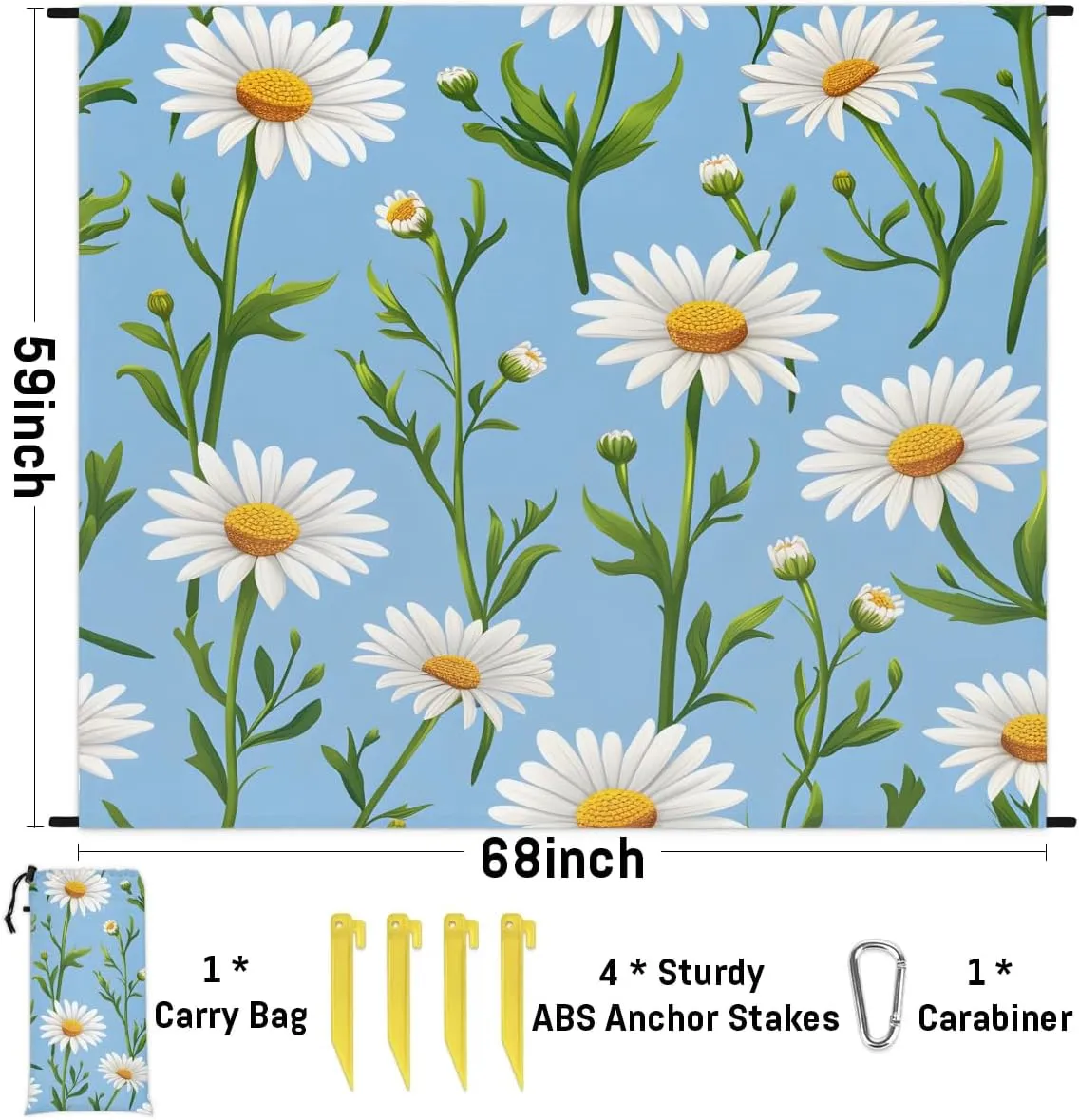 Spring Summer Beach Blanket, Sandproof Beach Mat, 68 x 59 Waterproof Quick Drying Sand Free Mat with 4 x Ground Spikes for Outdoor Travel Camping Hiking, Daisy Flowers Spring