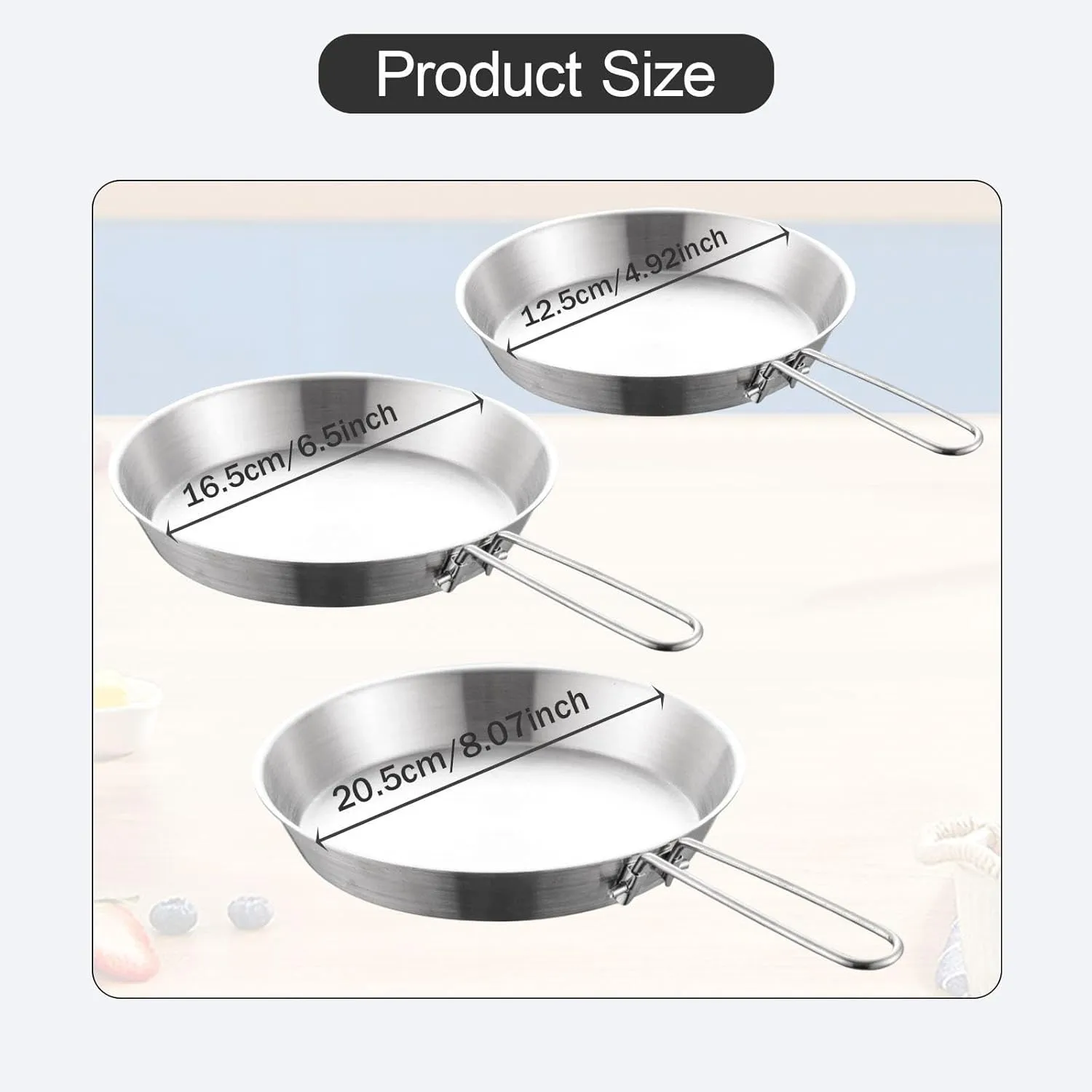 Stainless Steel Camping Fry Pan Outdoor Cooking Griddle Foldable Handle for Travel Hiking Lightweight Non Stick Skillet, 20cm