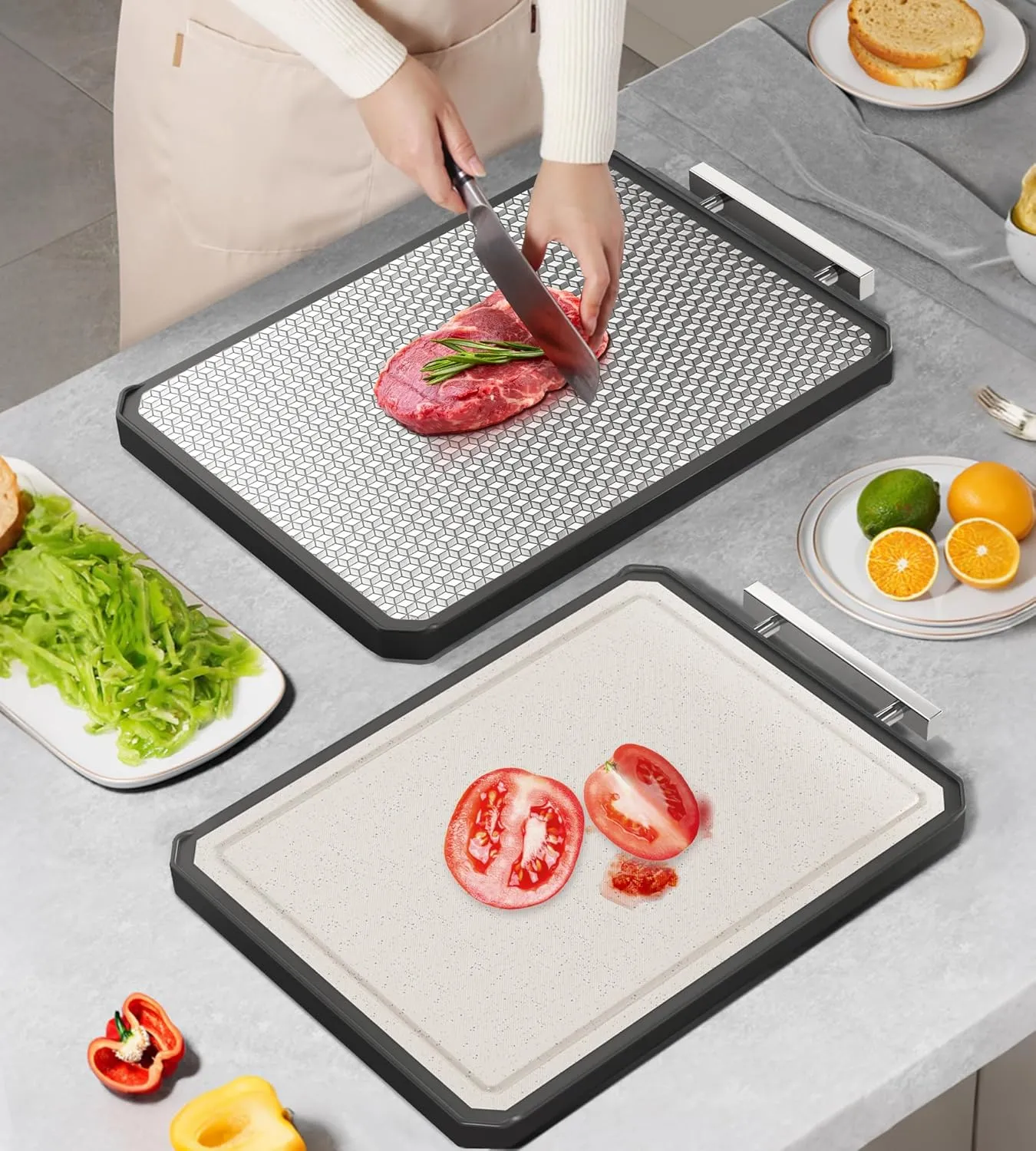 Stainless Steel Cutting Board Anti-scratch Grid Design, Large 16"*11" Double Sided Non Toxic Cutting Board, Kitchen Metal Chopping Boards for Meat Veggies,Dishwasher Safe, Juice Groove
