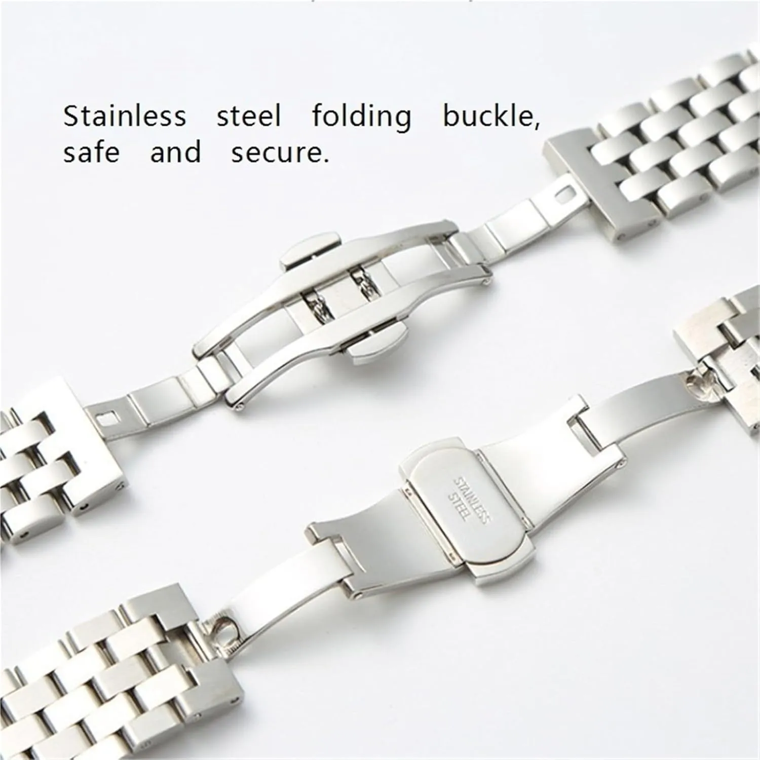 Stainless Steel Link Watch Band 18mm Unisex Folding Buckle Wristband