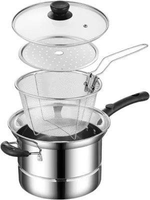 Stainless Steel Multipurpose Pot with Deep Fry Basket, Steamer Rack, Glass Lid Strainer, 3.5 Quart Sauce Pan with Stay-cool Handle for Cooking Gravies, Vegetable Steamer