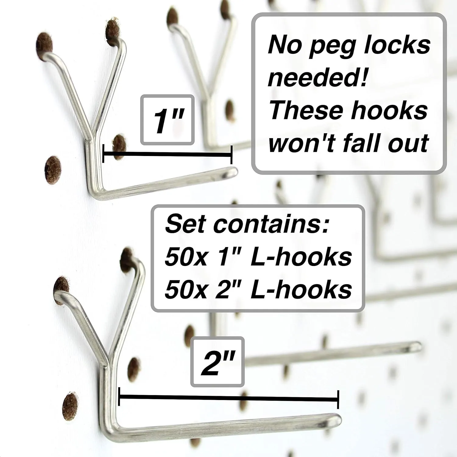 Stainless Steel Pegboard Hooks 100-Pack 1"   2” L Hook - Will Not Fall Out, Fits Any Peg Board - Organize Tools, Accessories, Workbench, Garage Storage, Kitchen, Crafts, Jewelry, Retail