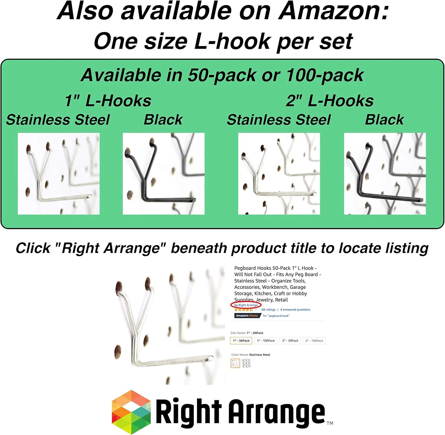 Stainless Steel Pegboard Hooks 100-Pack 1"   2” L Hook - Will Not Fall Out, Fits Any Peg Board - Organize Tools, Accessories, Workbench, Garage Storage, Kitchen, Crafts, Jewelry, Retail