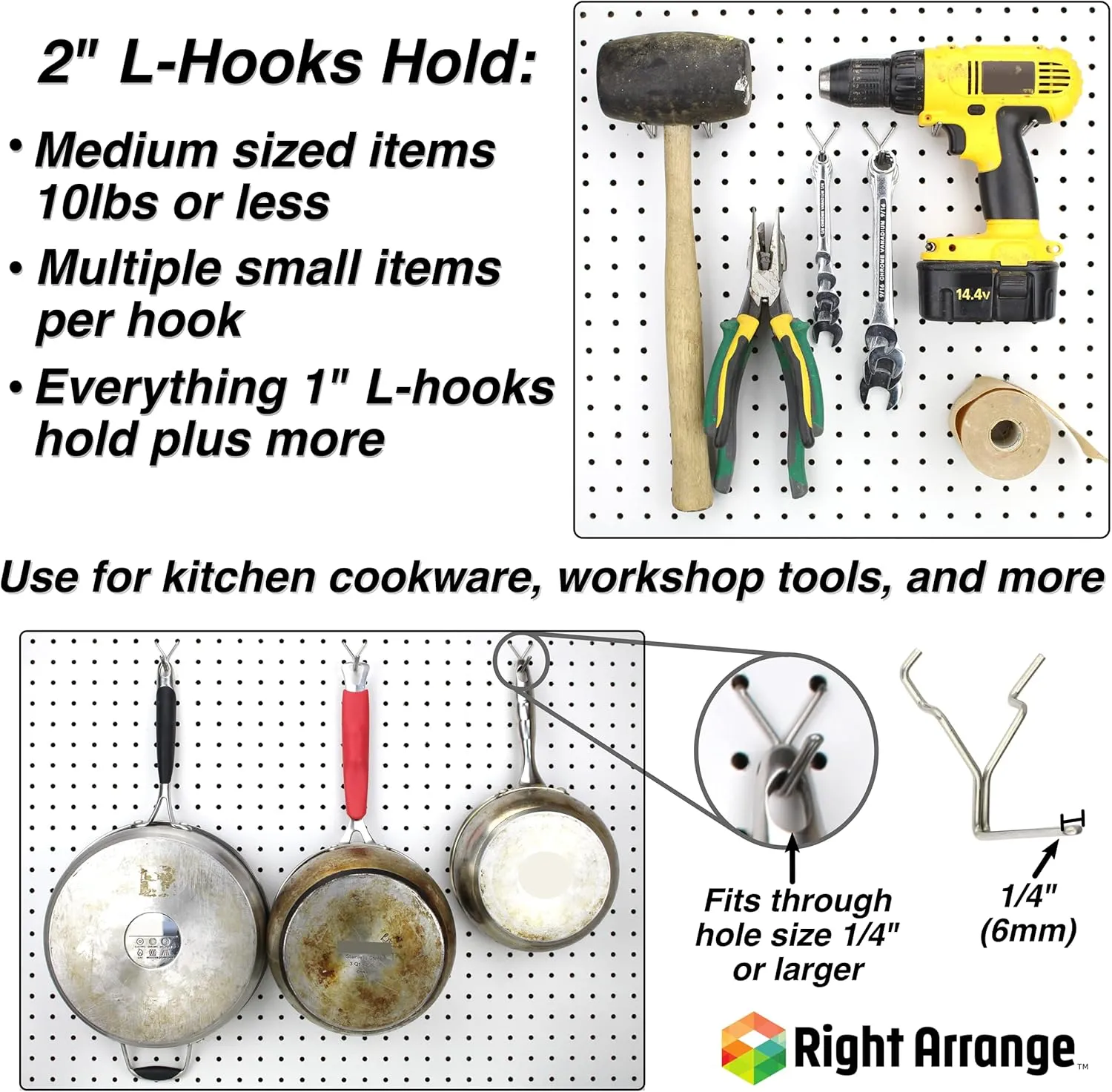 Stainless Steel Pegboard Hooks 100-Pack 1"   2” L Hook - Will Not Fall Out, Fits Any Peg Board - Organize Tools, Accessories, Workbench, Garage Storage, Kitchen, Crafts, Jewelry, Retail