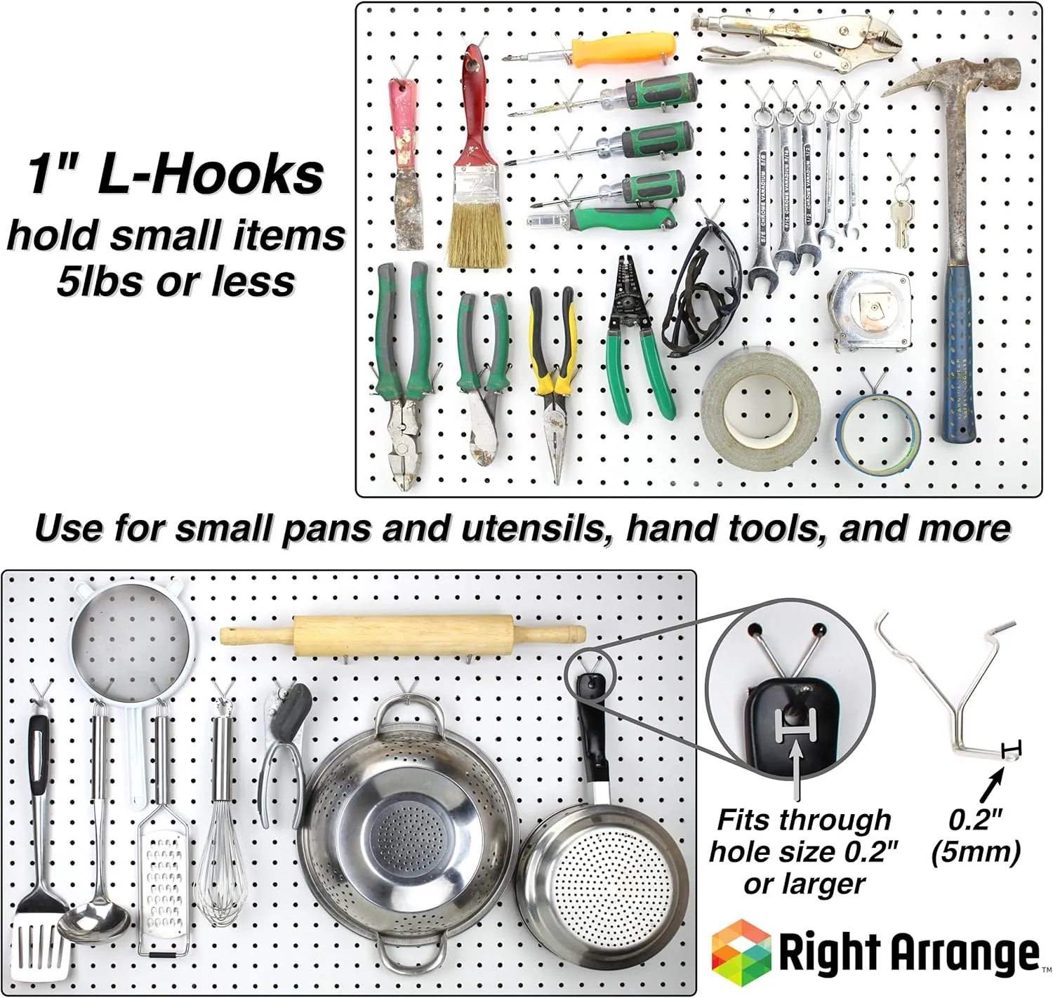 Stainless Steel Pegboard Hooks 100-Pack 1"   2” L Hook - Will Not Fall Out, Fits Any Peg Board - Organize Tools, Accessories, Workbench, Garage Storage, Kitchen, Crafts, Jewelry, Retail