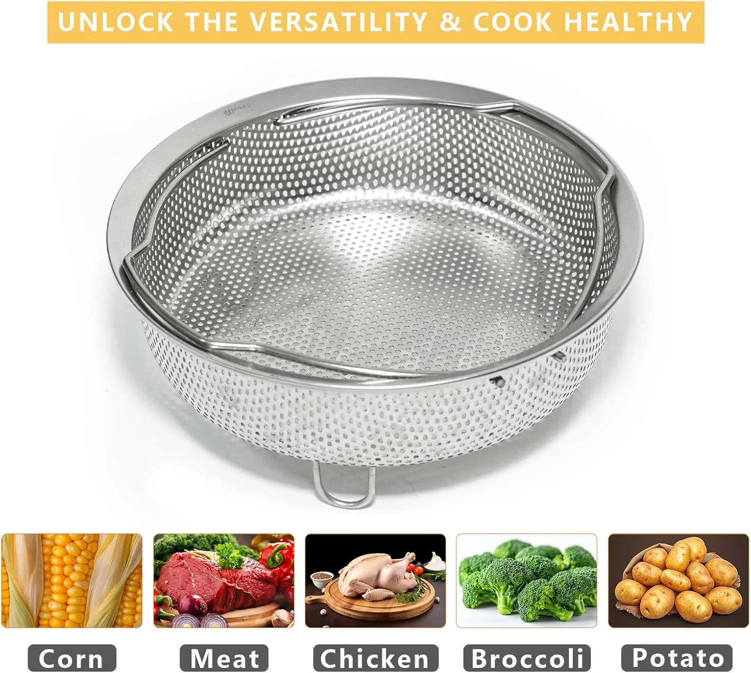 Stainless Steel Steamer Basket - Vegetable & Dumpling Steamer Insert for Pots, Instant Pot Accessories with Handles & Feet, Multi-Purpose Mesh Strainer for Cooking, Fruits (Silvery, Medium)