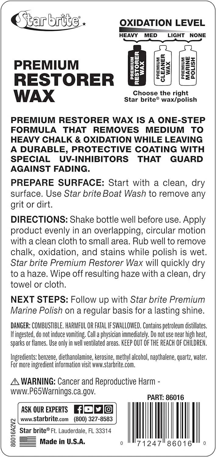 STAR BRITE Premium Restorer Wax - For Medium to Heavy Oxidation - Cleans & Restores in One Easy Step - Seals & Protects for a Brilliant Finish
