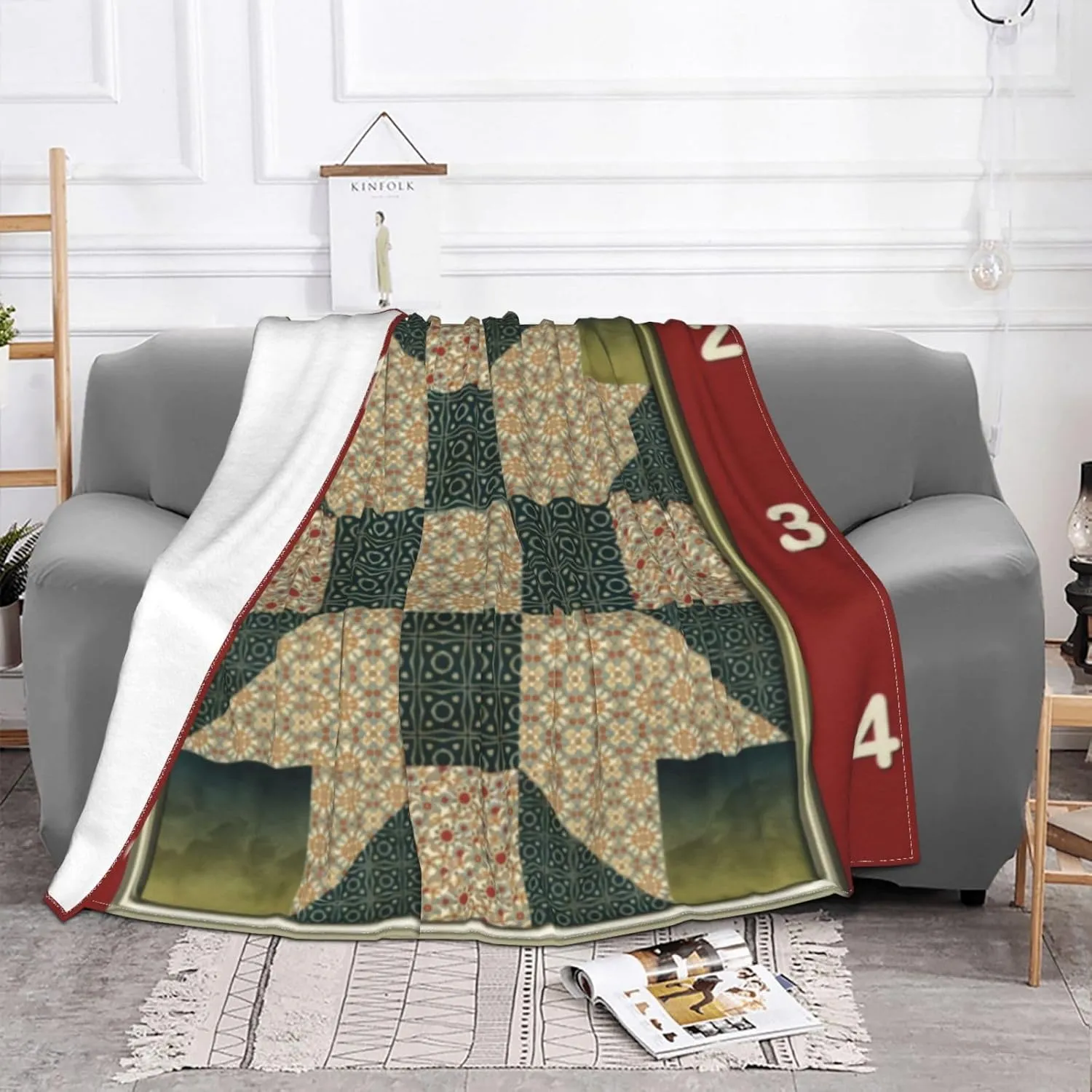 Star Patch Quilt Block Gold Green 60"X50" Flannel Blanket - 100% Soft Polyester, Lightweight and Warm, Suitable for Families, Camping, Travel