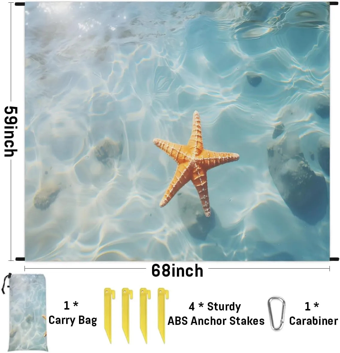 Starfish Beach Blanket, Sandproof Beach Mat, 68 x 59 Waterproof Quick Drying Sand Free Mat with 4 x Ground Spikes for Outdoor Travel Camping Hiking, Starfish Ocean