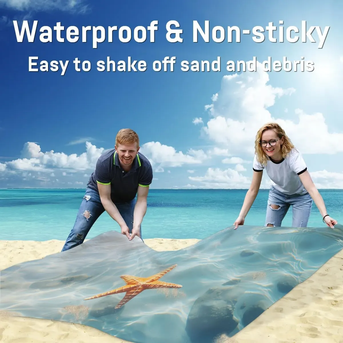 Starfish Beach Blanket, Sandproof Beach Mat, 68 x 59 Waterproof Quick Drying Sand Free Mat with 4 x Ground Spikes for Outdoor Travel Camping Hiking, Starfish Ocean