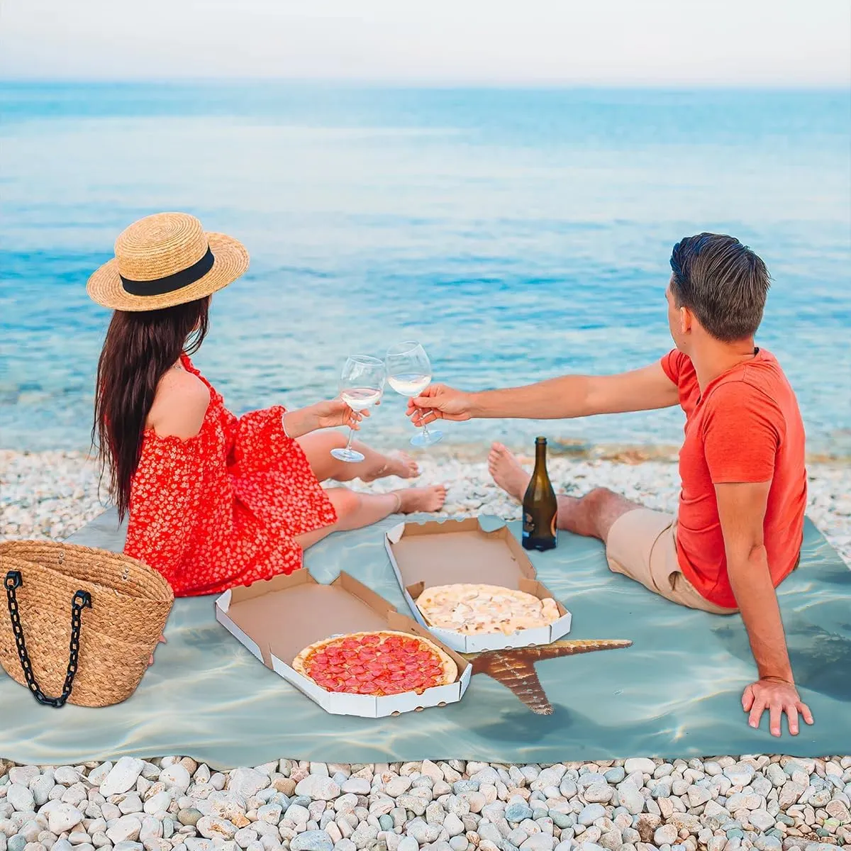 Starfish Beach Blanket, Sandproof Beach Mat, 68 x 59 Waterproof Quick Drying Sand Free Mat with 4 x Ground Spikes for Outdoor Travel Camping Hiking, Starfish Ocean