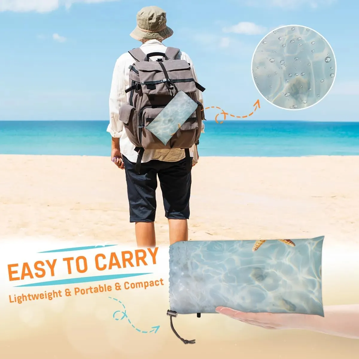 Starfish Beach Blanket, Sandproof Beach Mat, 68 x 59 Waterproof Quick Drying Sand Free Mat with 4 x Ground Spikes for Outdoor Travel Camping Hiking, Starfish Ocean