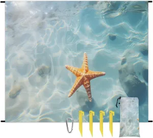 Starfish Beach Blanket, Sandproof Beach Mat, 68 x 59 Waterproof Quick Drying Sand Free Mat with 4 x Ground Spikes for Outdoor Travel Camping Hiking, Starfish Ocean