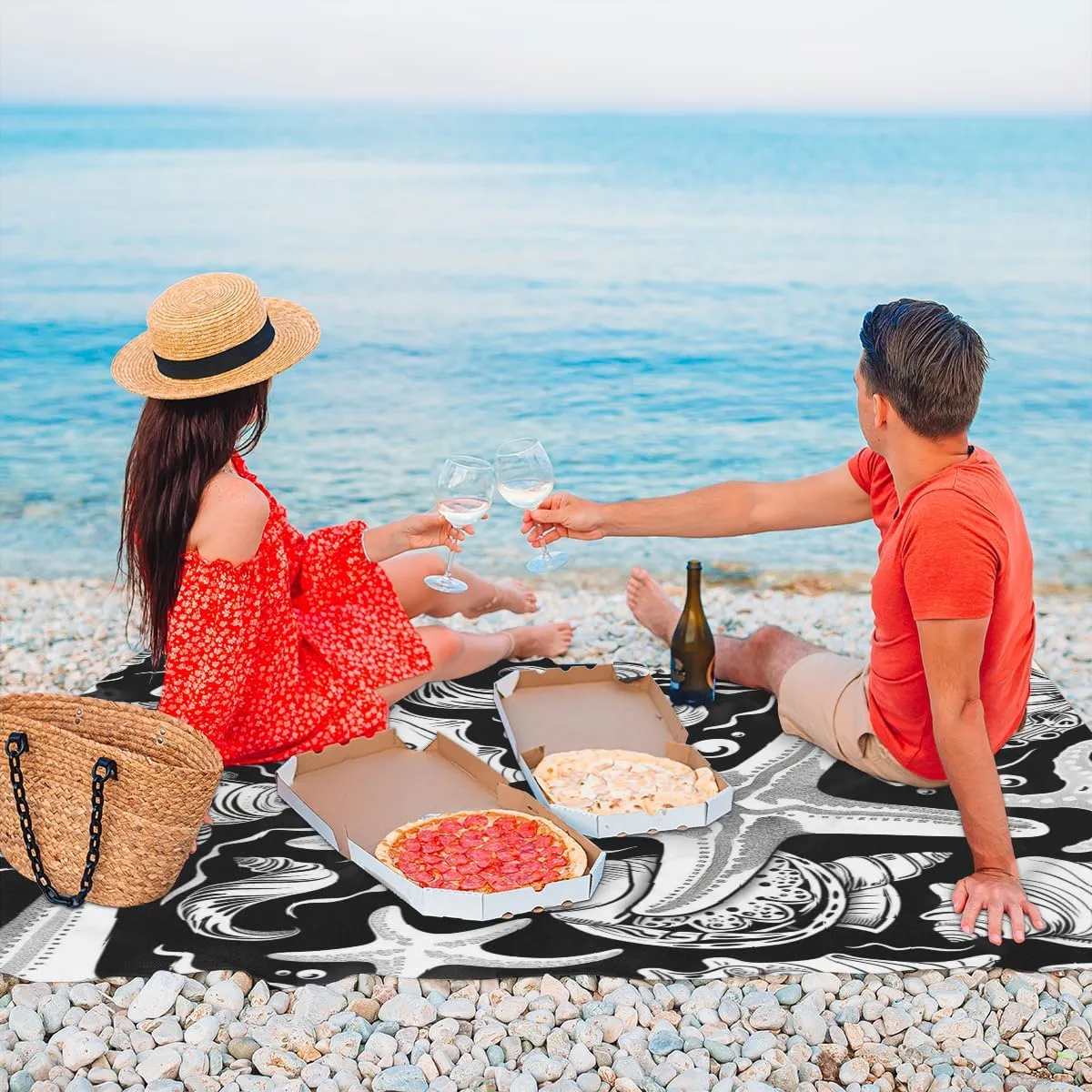 Starfish Seashell Beach Blanket, Sandproof Beach Mat, Adults Waterproof Quick Drying Sand Free Mat with 4 x Ground Spikes for Outdoor Travel Camping Hiking, Beach Themed