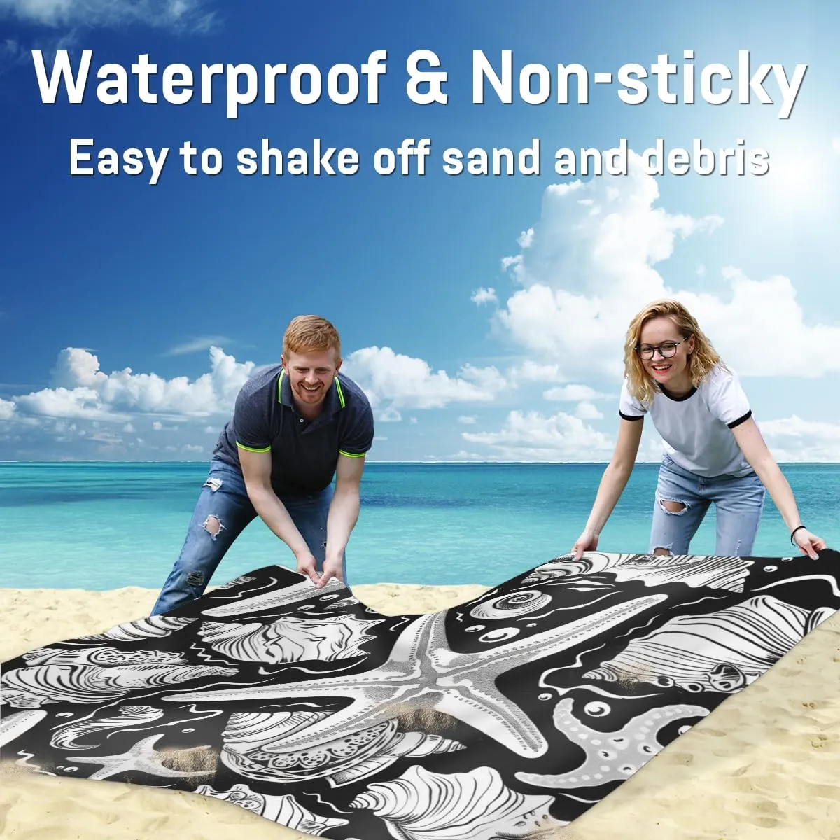 Starfish Seashell Beach Blanket, Sandproof Beach Mat, Adults Waterproof Quick Drying Sand Free Mat with 4 x Ground Spikes for Outdoor Travel Camping Hiking, Beach Themed