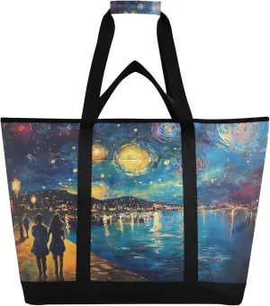 Starry Night Reusable Insulated Cooler Bag with Ice Pack Compartment - Large 47L Waterproof Thermal Grocery Tote for Picnic Beach Camping Lunch Storage