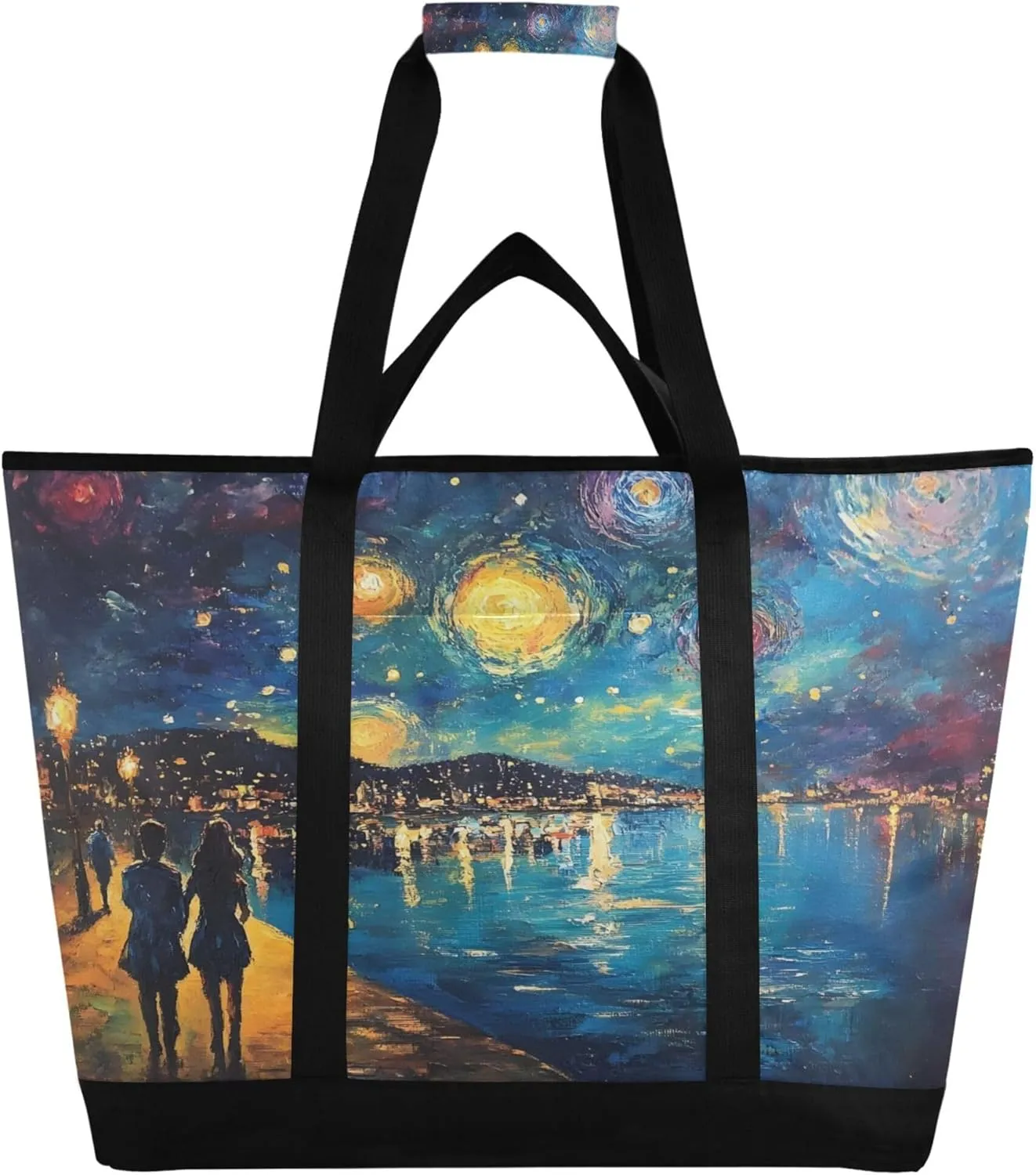 Starry Night Reusable Insulated Cooler Bag with Ice Pack Compartment - Large 47L Waterproof Thermal Grocery Tote for Picnic Beach Camping Lunch Storage