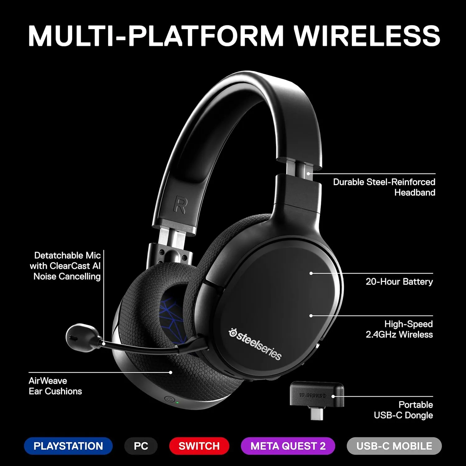 SteelSeries Arctis 1 Wireless Gaming Headset for Playstation – USB-C Wireless – Detachable ClearCast Microphone – for PS5, PS4, PC, Nintendo Switch, Android – Black