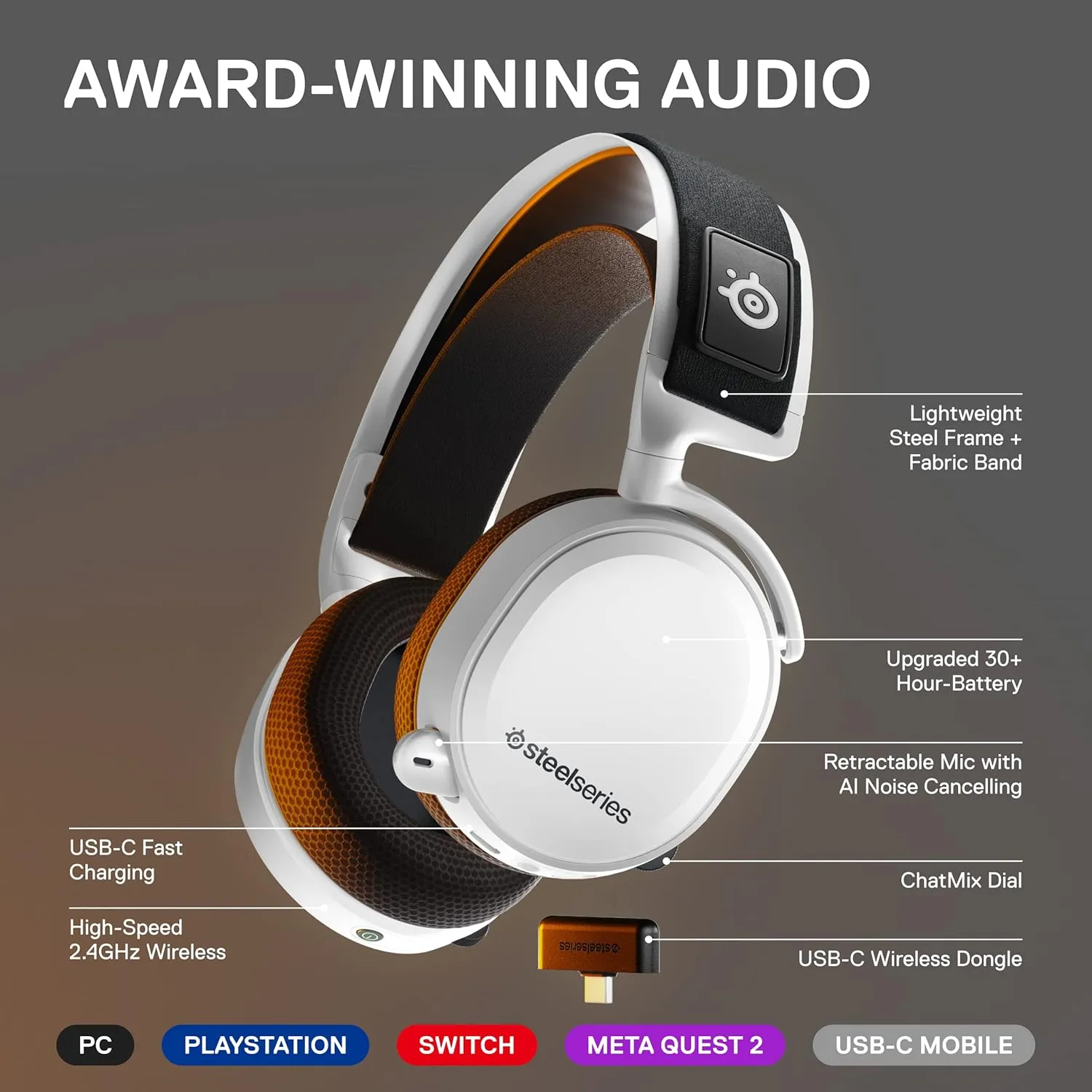 SteelSeries Arctis 7  Wireless Gaming Headset – Lossless 2.4 GHz – 30 Hour Battery Life – USB-C – 7.1 Surround – For PC, PS5, PS4, Mac, Android and Switch – White