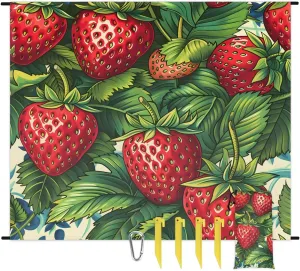 Strawberry Beach Blanket, Sandproof Beach Mat, 68 x 59 Waterproof Quick Drying Sand Free Mat with 4 x Ground Spikes for Outdoor Travel Camping Hiking, Sweet Strawberries Leaves
