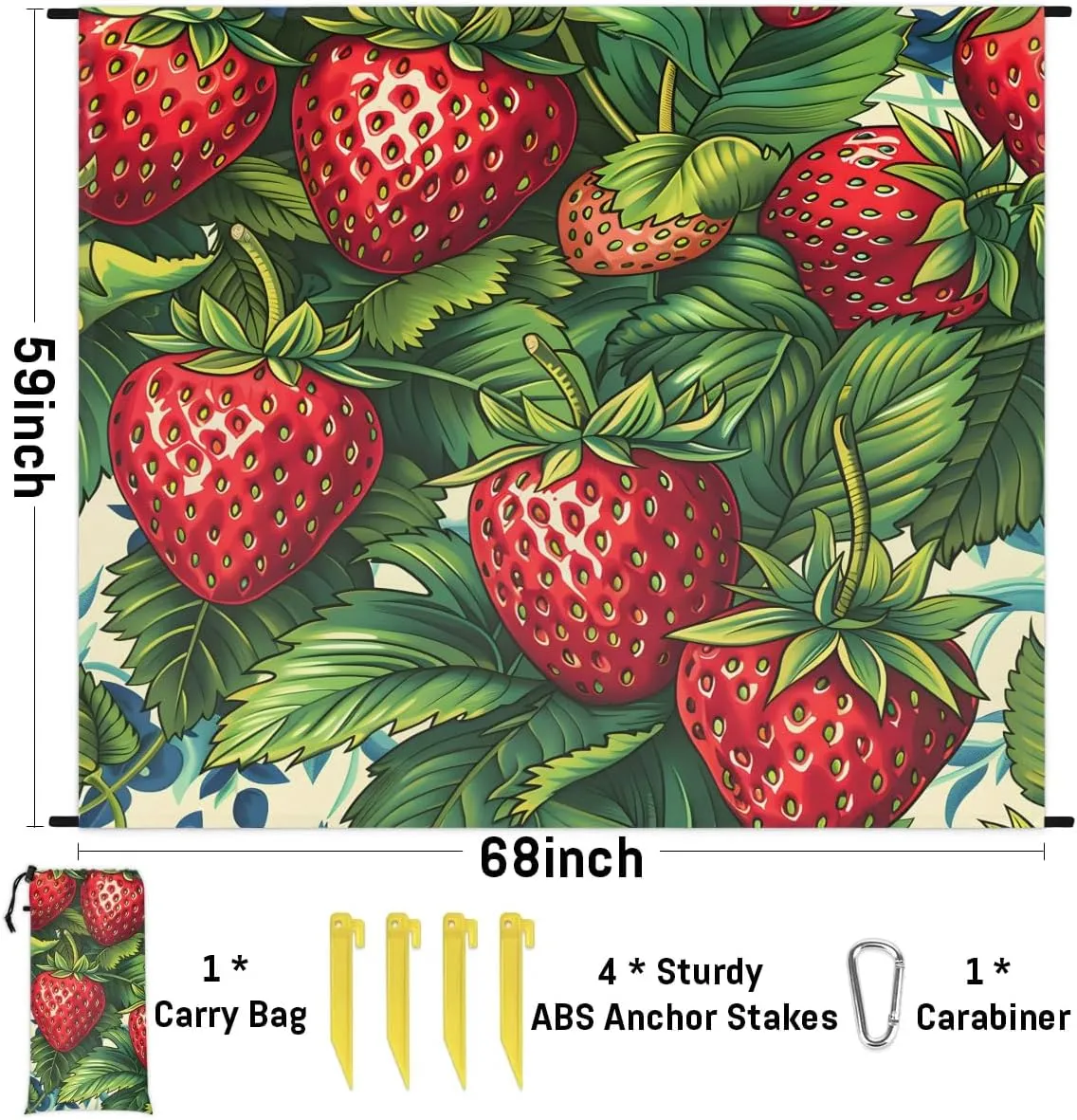 Strawberry Beach Blanket, Sandproof Beach Mat, 68 x 59 Waterproof Quick Drying Sand Free Mat with 4 x Ground Spikes for Outdoor Travel Camping Hiking, Sweet Strawberries Leaves