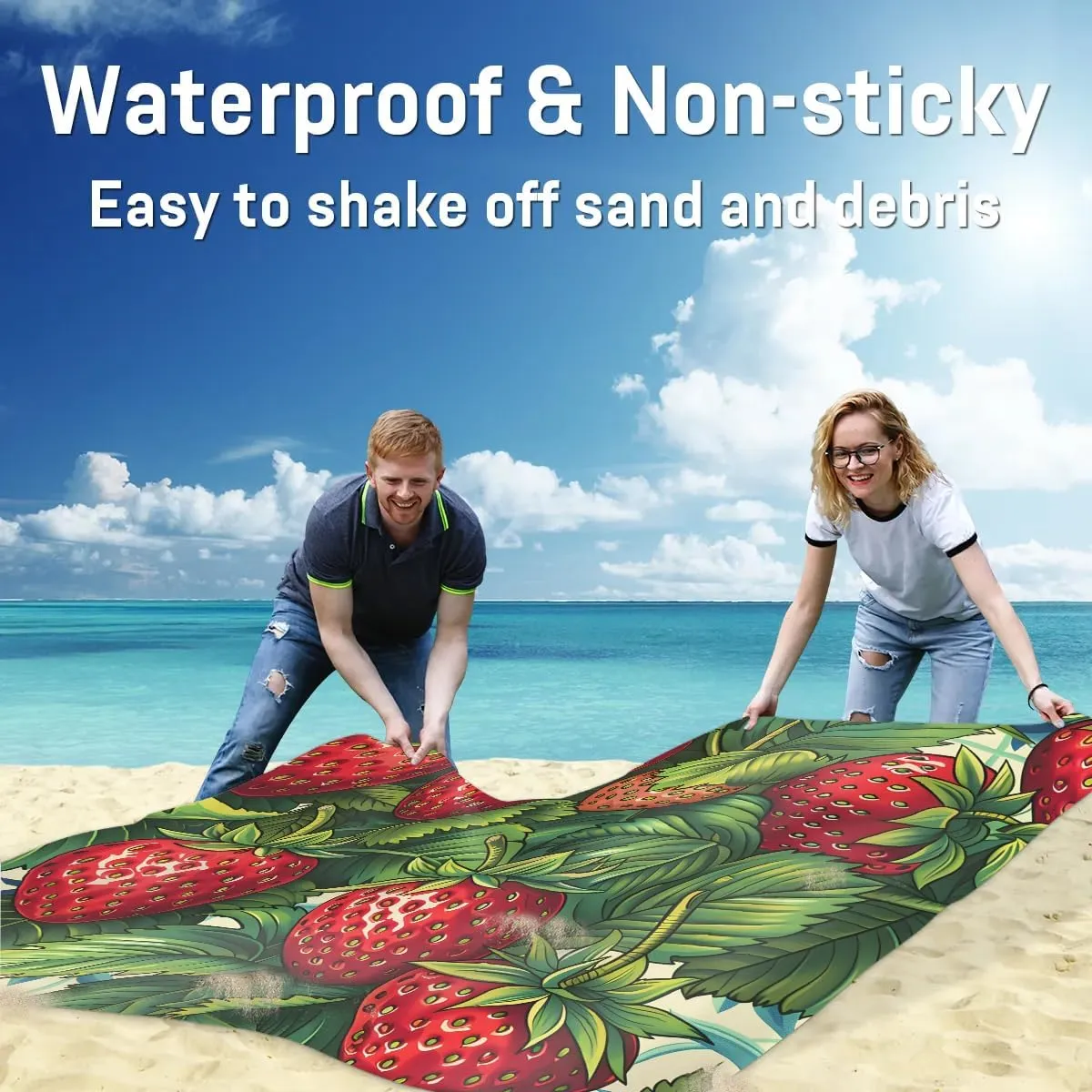 Strawberry Beach Blanket, Sandproof Beach Mat, 68 x 59 Waterproof Quick Drying Sand Free Mat with 4 x Ground Spikes for Outdoor Travel Camping Hiking, Sweet Strawberries Leaves