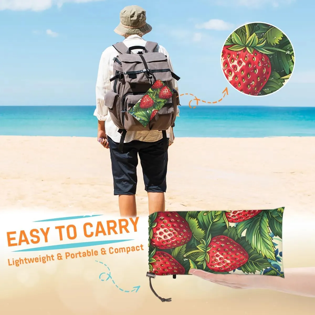 Strawberry Beach Blanket, Sandproof Beach Mat, 68 x 59 Waterproof Quick Drying Sand Free Mat with 4 x Ground Spikes for Outdoor Travel Camping Hiking, Sweet Strawberries Leaves