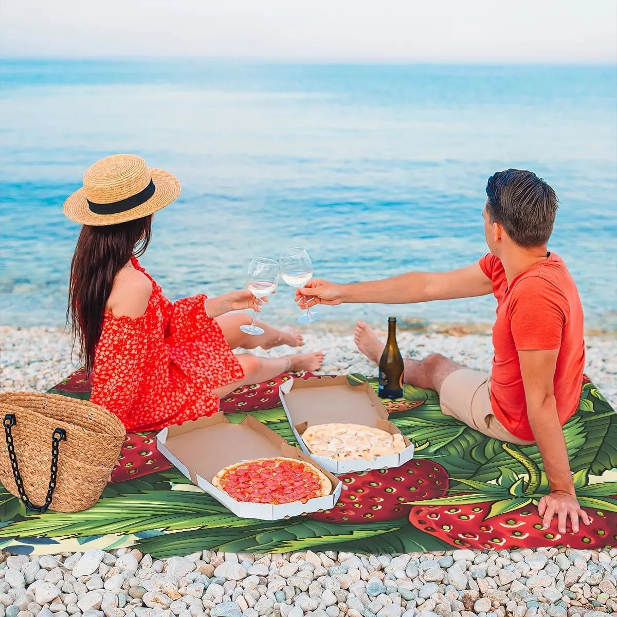 Strawberry Beach Blanket, Sandproof Beach Mat, 68 x 59 Waterproof Quick Drying Sand Free Mat with 4 x Ground Spikes for Outdoor Travel Camping Hiking, Sweet Strawberries Leaves
