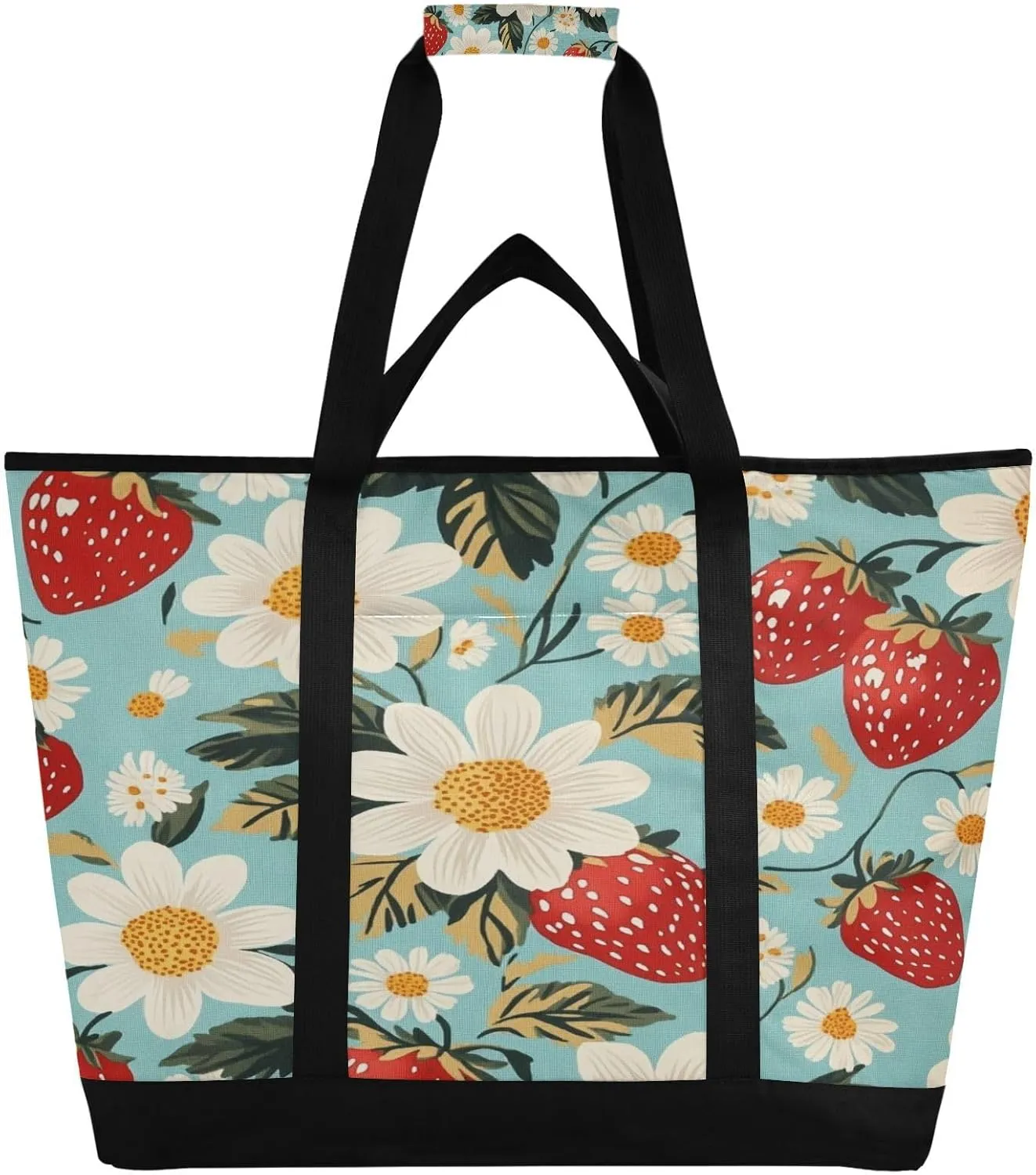 Strawberry Daisy Reusable Insulated Lunchbox Cooler Bag, Leakproof Kitchen Grocery Bag Collapsible Portable Cooler Tote Bag for Picnic, Camping, Office, Travel